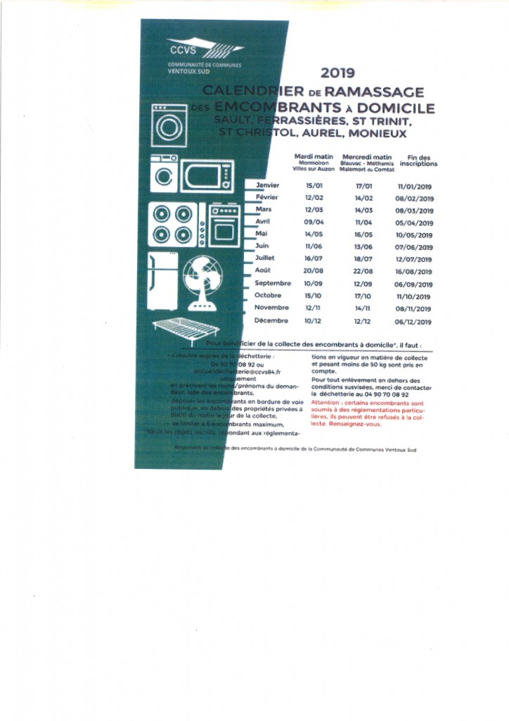 CALENDRIER DE RAMASSAGE DES EMCOMBRANTS A DOMICILE