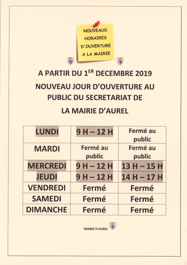 changement nouveau jour ouverture mairie aurel