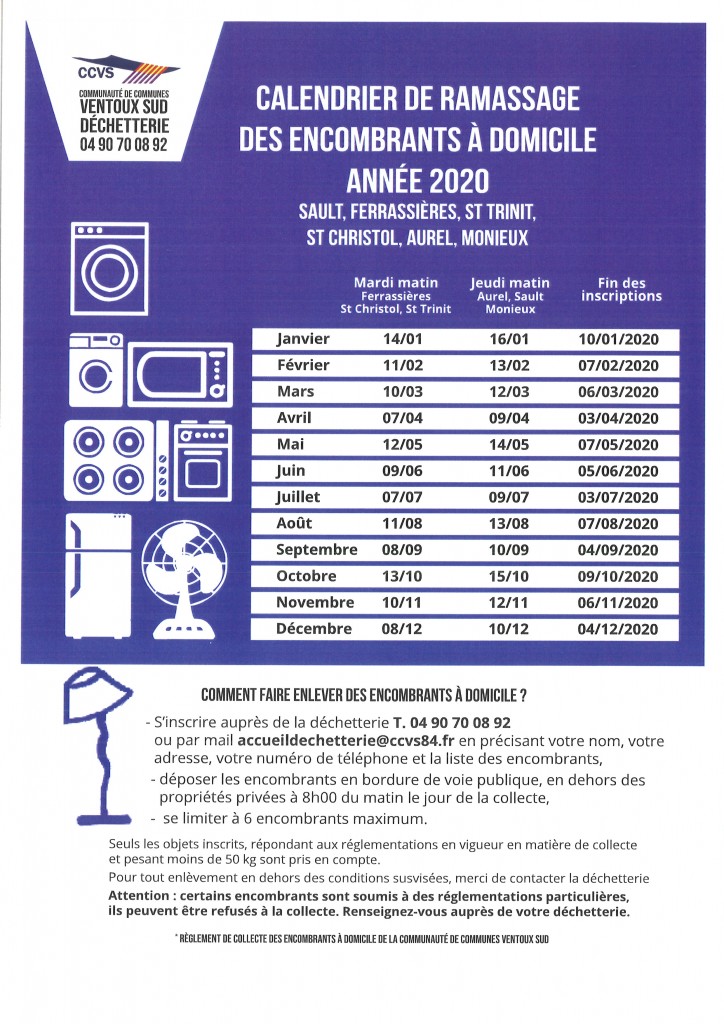 CALENDRIER DE RAMASSAGE DES ENCOMBRANTS A DOMICILE ANNEE 2020