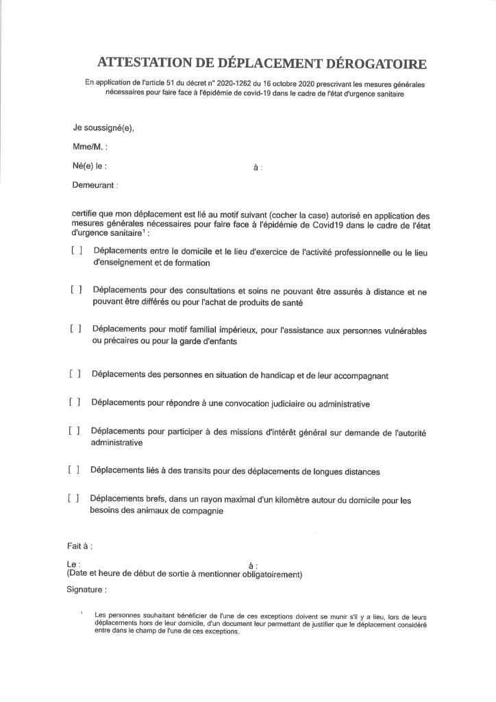 ATTESTATION DE DEPLACEMENT DEROGATOIRE
